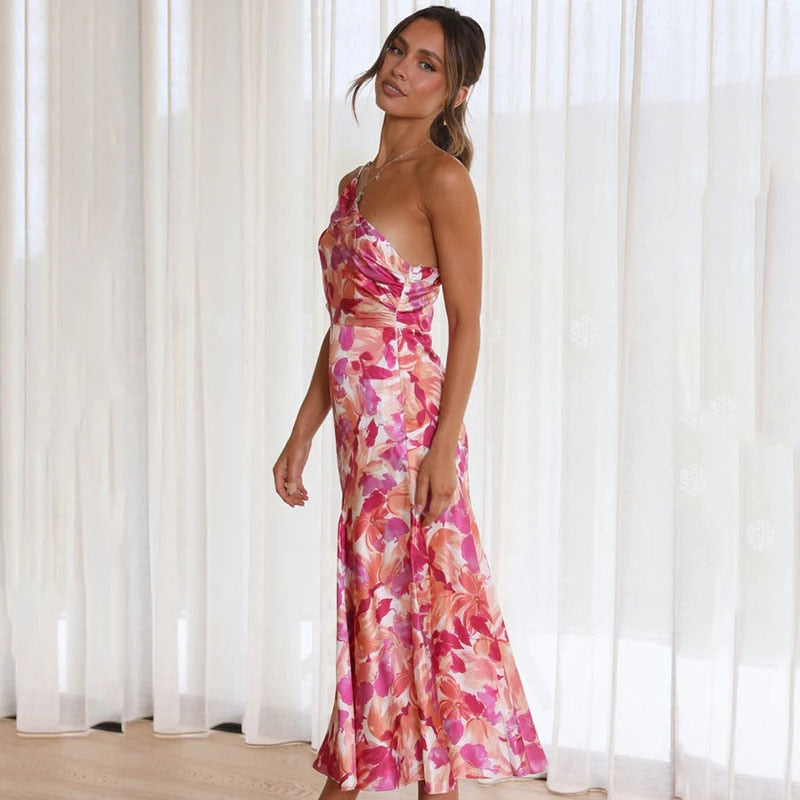 GR | Rosa Blüten Ein Schulter A-linie Satin Kleid Für Damen
