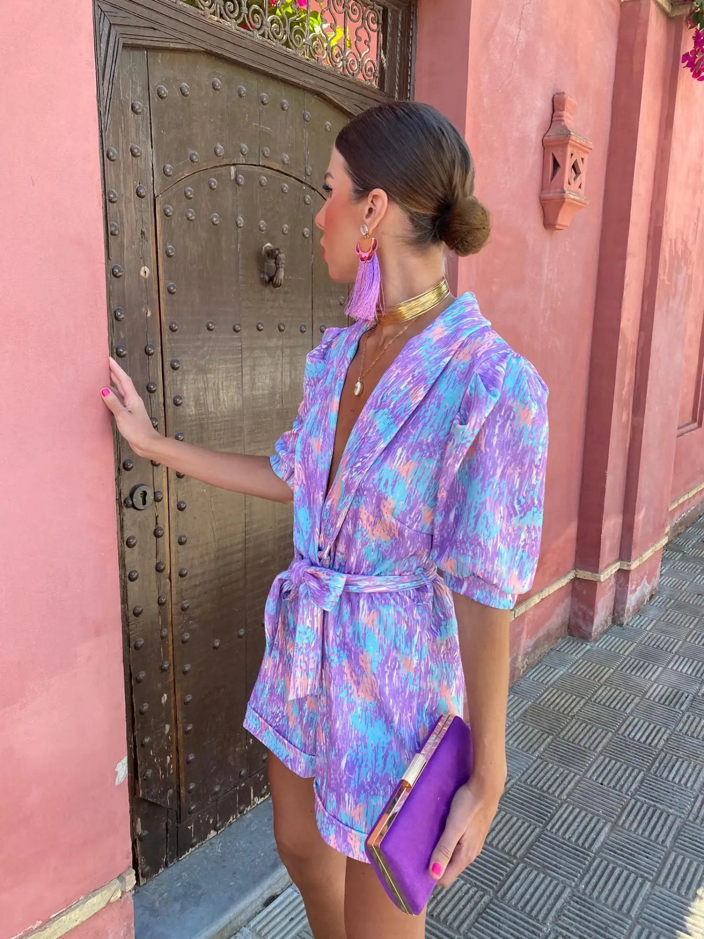 GR Printed Jumpsuit | Modern jumpsuit for women with a deep V-neck and short sleeves 