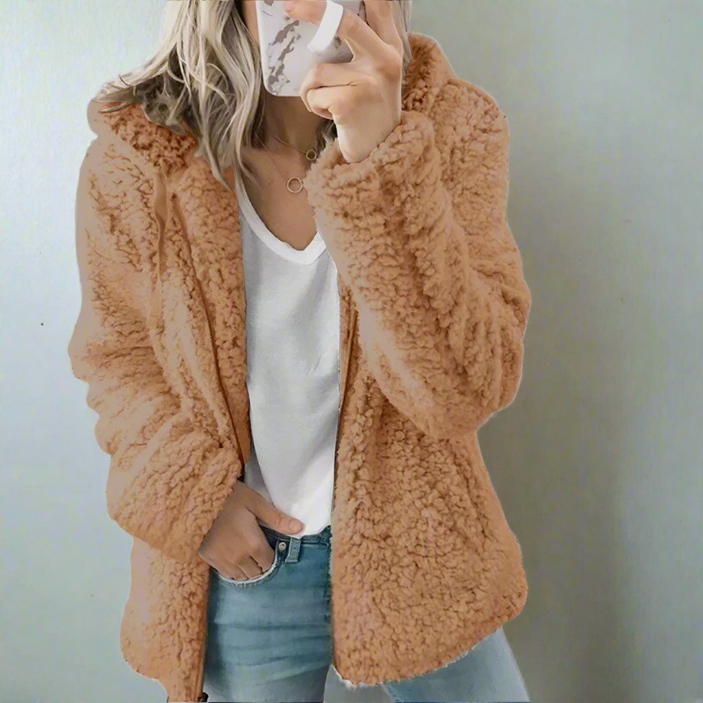 GR | Women's Teddy Fleece Jacket with Hood - Soft Winter Jacket with Zipper