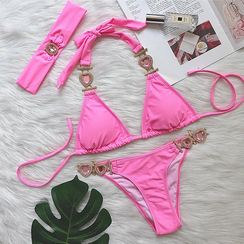 GR | Pink Sexy Bikinis Swimwear with Heart Rhinestones Women's Swimwear Female Push-Up Bikini Beach Swimwear Bathing Suits Pool Swimwear