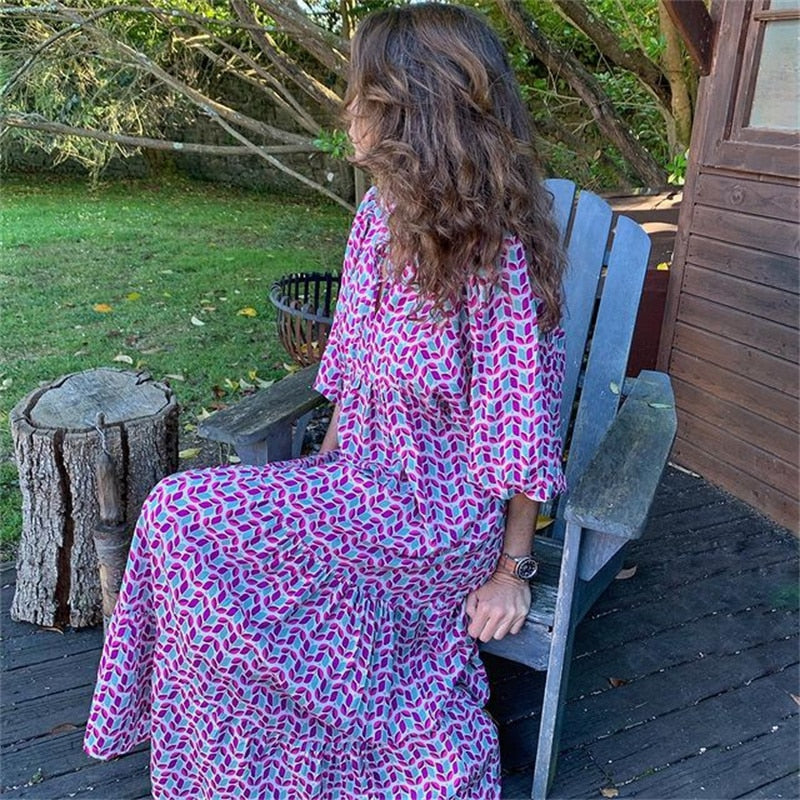 GR | Geometric dress with puff sleeves for women
