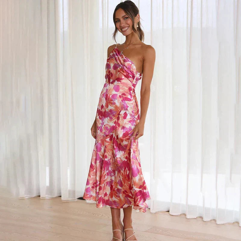 Shoulder-length dress with floral pattern