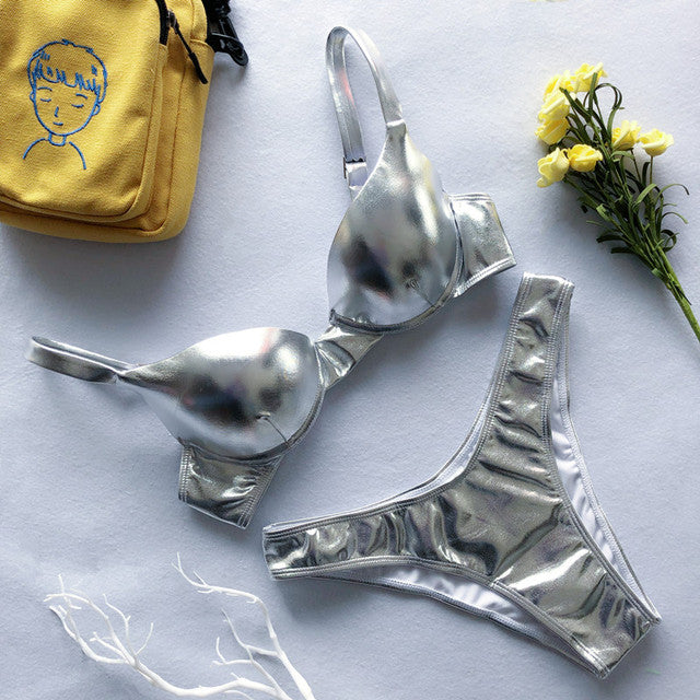 GR | Shiny Metallic Push-Up Bikini Set for Women