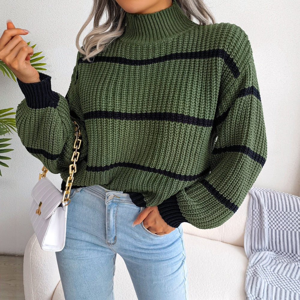 GR Lässig Gestreift Laterne Ärmel Pullover