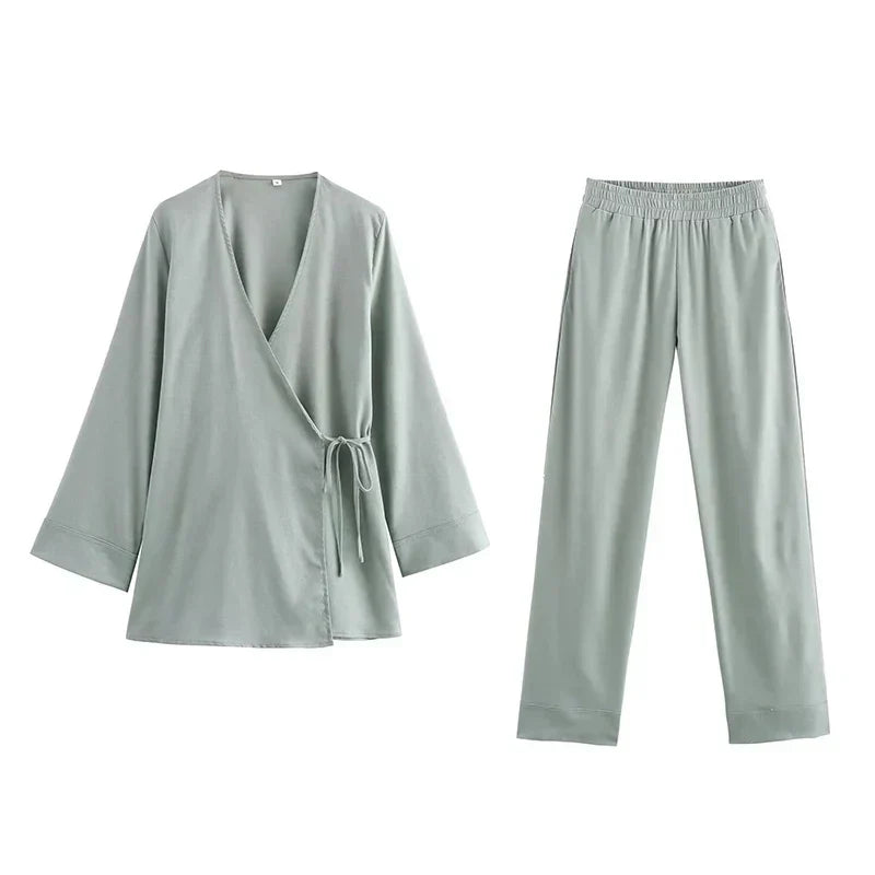 GR | Fashion Linen 2-Piece Women's Spring Summer Kimono Style Loose Lace-Up Shirts Tops Women's Wide Leg Trousers Set