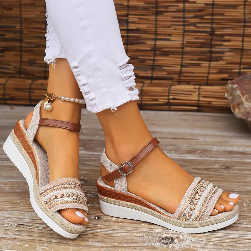 GR | Braided wedge sandals for women in Bohemian style with buckle straps