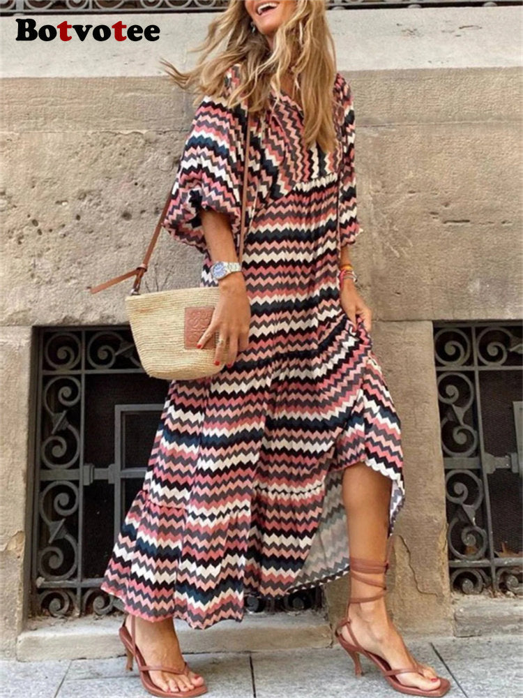 GR | Geometric dress with puff sleeves for women