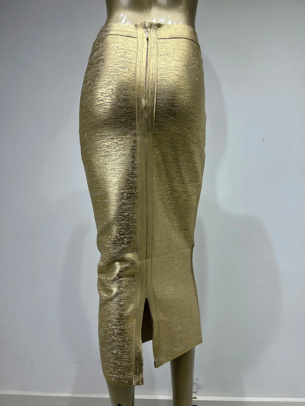 GR | Women's Summer Skirt Sexy Silver Gold Bronzing Midi Bandage Skirt High Street Designer Slim Fit Solid Midi Pencil Skirt 78cm