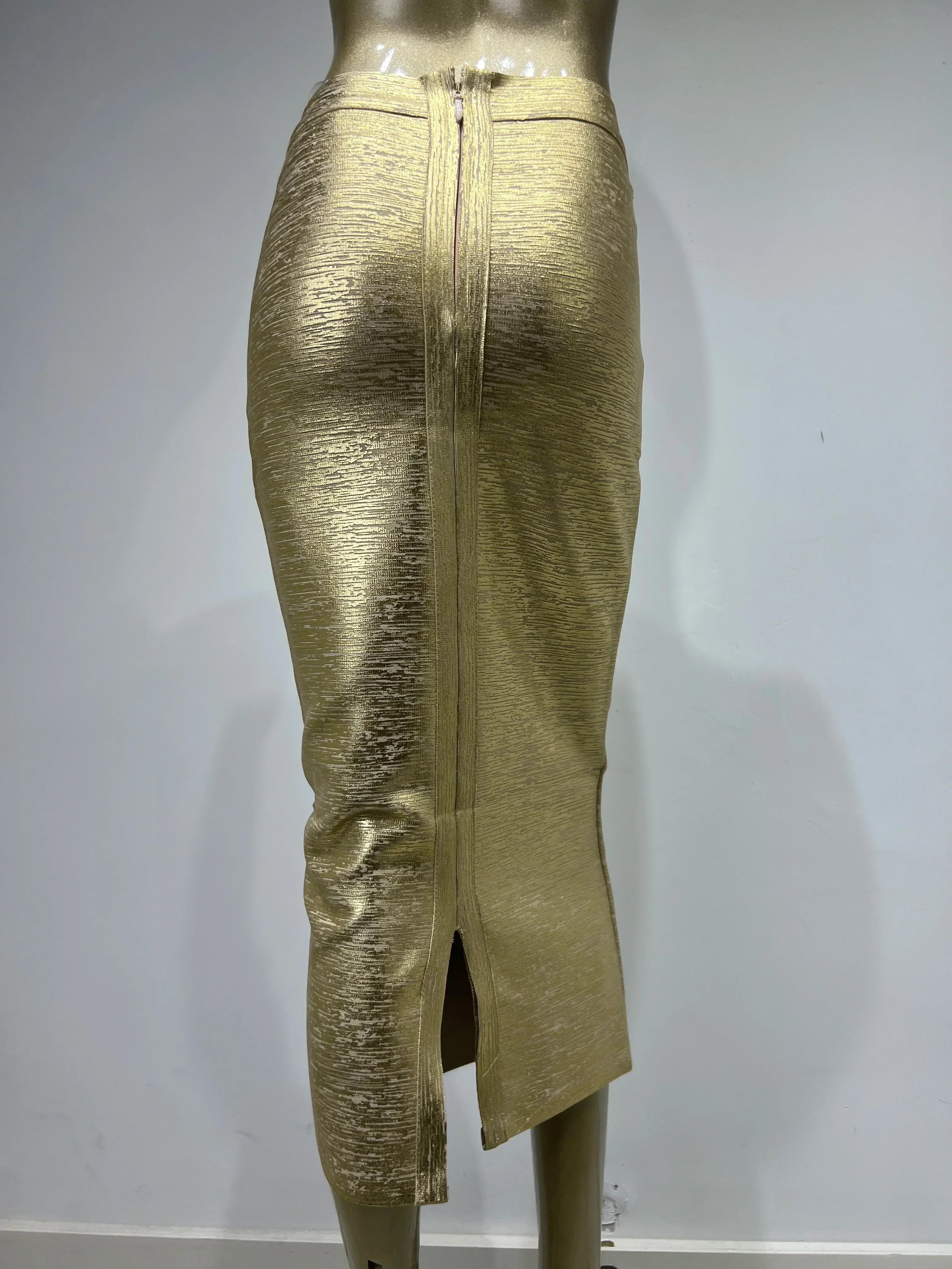 GR | Women's Summer Skirt Sexy Silver Gold Bronzing Midi Bandage Skirt High Street Designer Slim Fit Solid Midi Pencil Skirt 78cm