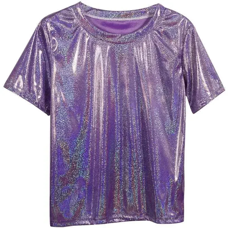 GR | S 5Xl Damen Funkelnd Shiny Metallisch Holografisch Rundhals Kurzarm Lässig Lose Top Festival Party T-Shirt Damenbekleidung