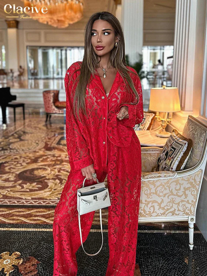 GR | Clacive Sexy Loose Black Lace Transparent Pants Set Women's 2 Piece Fashion Long Sleeve Shirt with High Waist Wide Pants Set