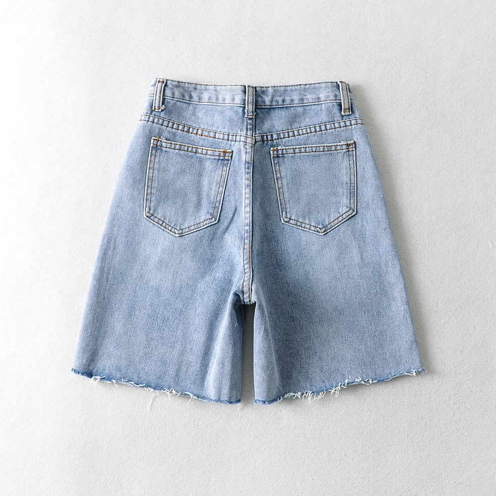 GR | Frauen Hohe Taille Breite Bein Denim Shorts Mädchen Sommer Mode Streetwear Lässig Einfarbig Weibliche Lockere Stretch Jeans