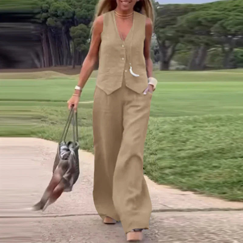 GR Modern Set | Elegant sleeveless V-neck top and wide-leg trousers women's suit