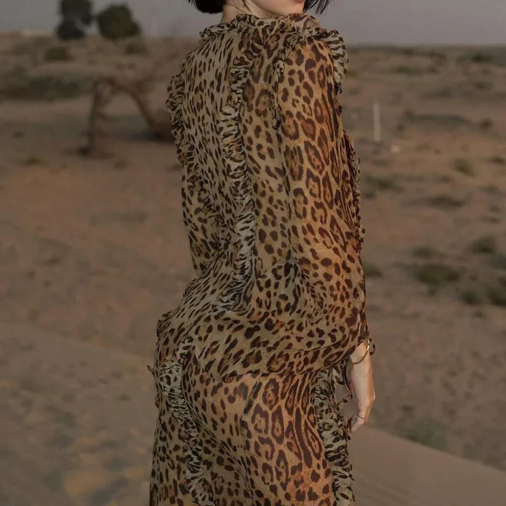 GR | Leopard print dress with ruffles and high slit