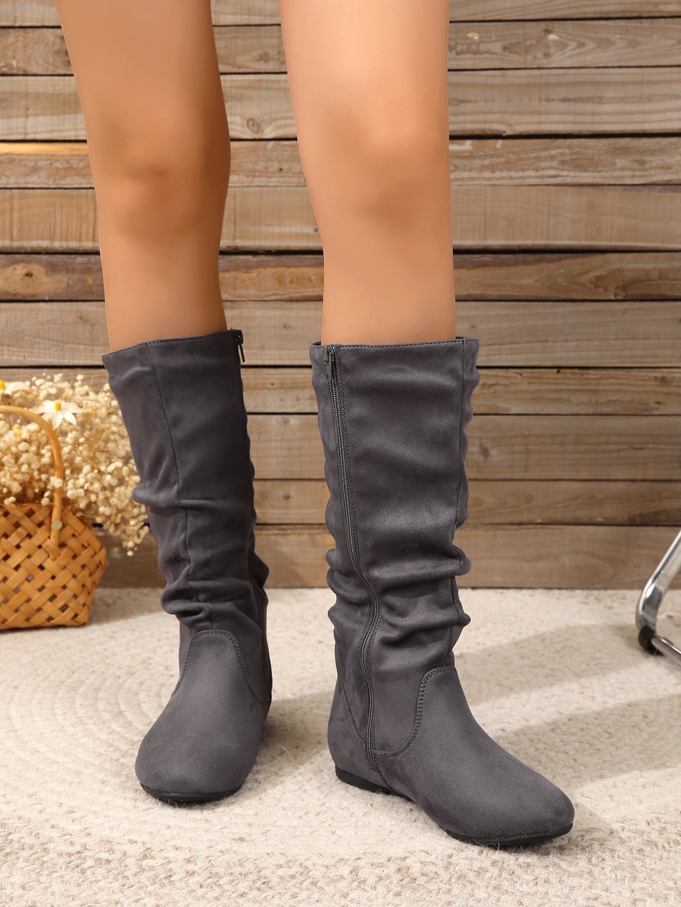 GR | Women's Suede Boots with Side Zipper, Calf-Length, Spring Collection