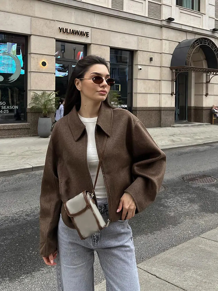 GR | Brown Wool Jacket for Women with Elegant Collar