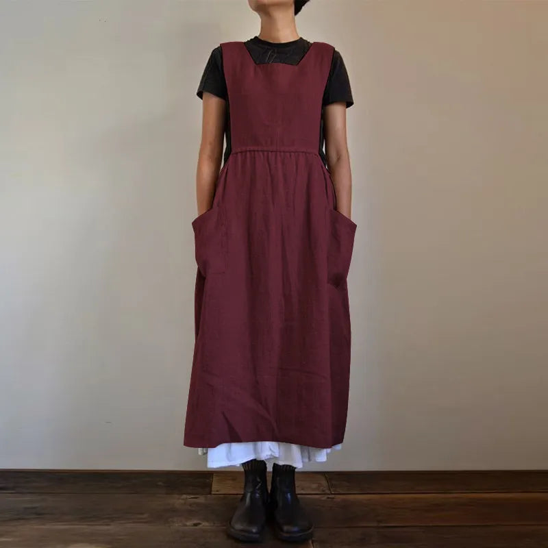 GR | Linen and cotton blend pinafore dress with pockets for women, Pensacola