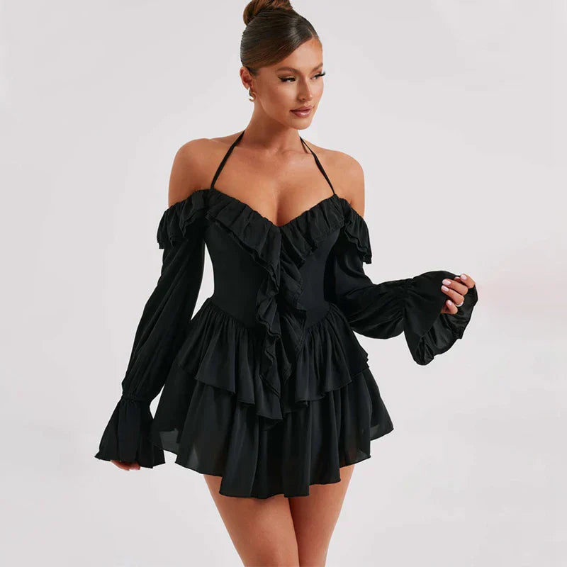 GR | Romantic ruffled romper with exposed shoulders