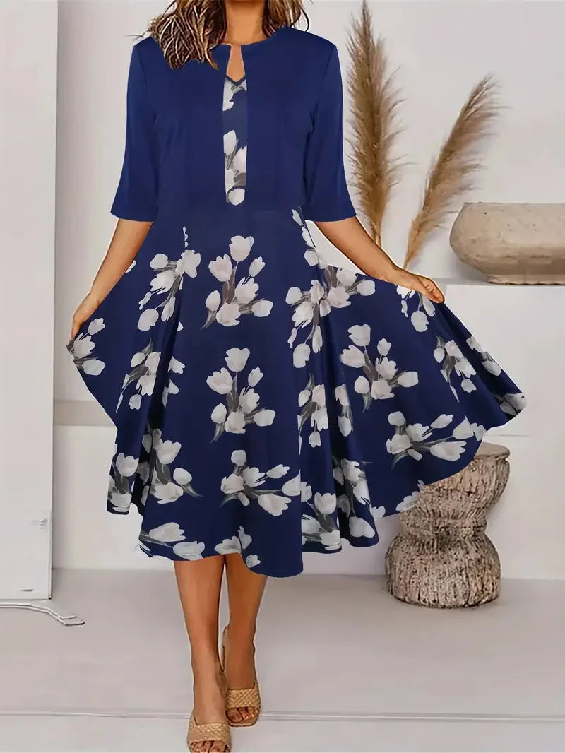 GR | New for summer! EU US Autumn Women's 2 Long Dress Set Floral and Grass Dot Crew Neck Dress with Chiffon Short Jacket