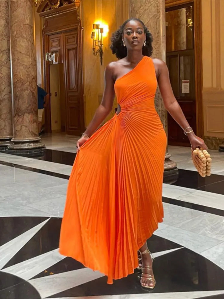 GR - Evening dress with ruffles and leather trim for women