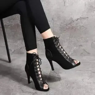 GR | Sandals Cave Mesh Heels Belt Buckle Women's Summer Beige Lace-up Sexy Open Toe Stiletto Jazz Dance Party Women's Shoes