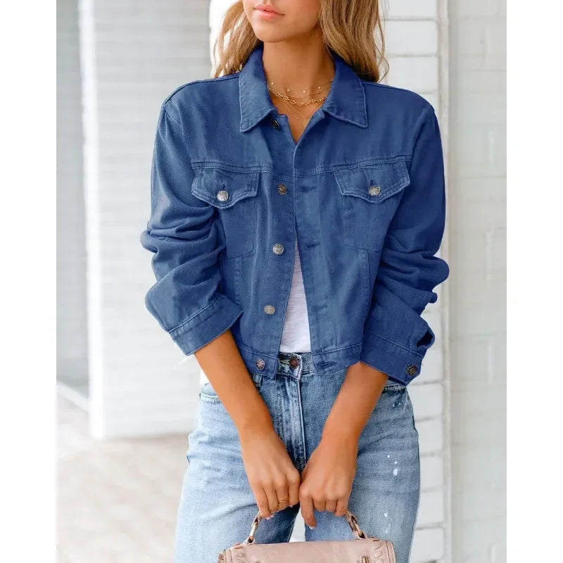 GR | Short pocket jacket Fashion Streetwear Simple button trendy women's denim jackets Long sleeves Autumn New Denim Denim jackets