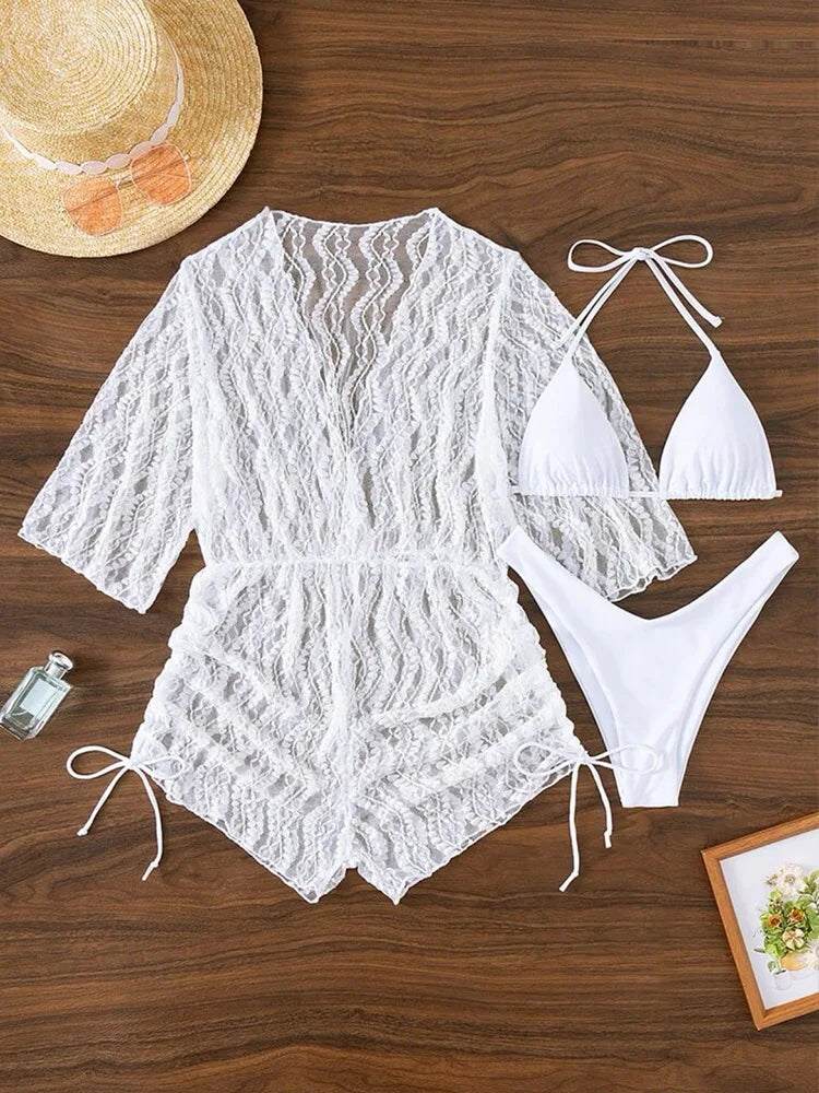 GR | 3-Piece Bikini Tropical Print Swimwear Halter Lace-Up Side Swimsuit Women's Bathing Suit Female Swimming Summer Beachwear