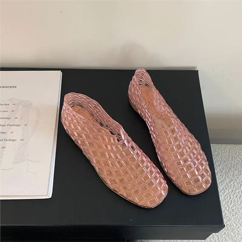 GR | Summer Jelly Shoes Women's Fashion Transparent Mesh Hollow Out Beach Shoes Ladies Flat Sandals Coloured Round Toe Jelly Sandals