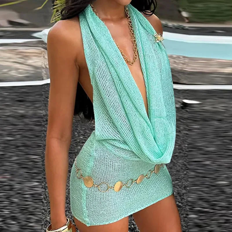 GR | Glitzer Halter Mini Kleid Frauen Strick Rücklos Ärmellos Bodycon Fest Klub Kleider Weiblich Sommer Damen Mode Y2K Roben