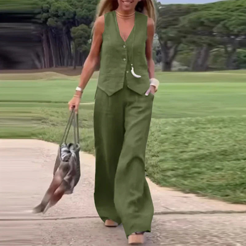 GR Modern Set | Elegant sleeveless V-neck top and wide-leg trousers women's suit