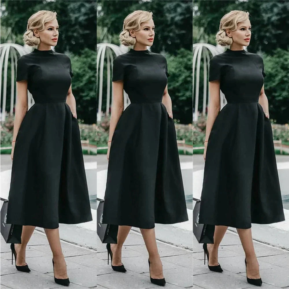 GR | Women's Elegant Black Dress, Half-High Collar, High Waist, A-Line Dresses, Slim Fit Dress, Office Dress, Female Solid Vestidos