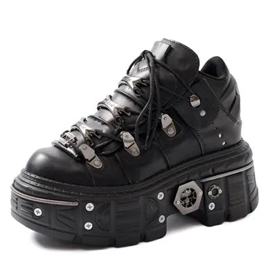 GR | Women's Ankle Boots for Women, Thick Sole, Laces, Metal Decoration, Round Toe Platform Shoes, Ladeis Punk Gothic Sneakers