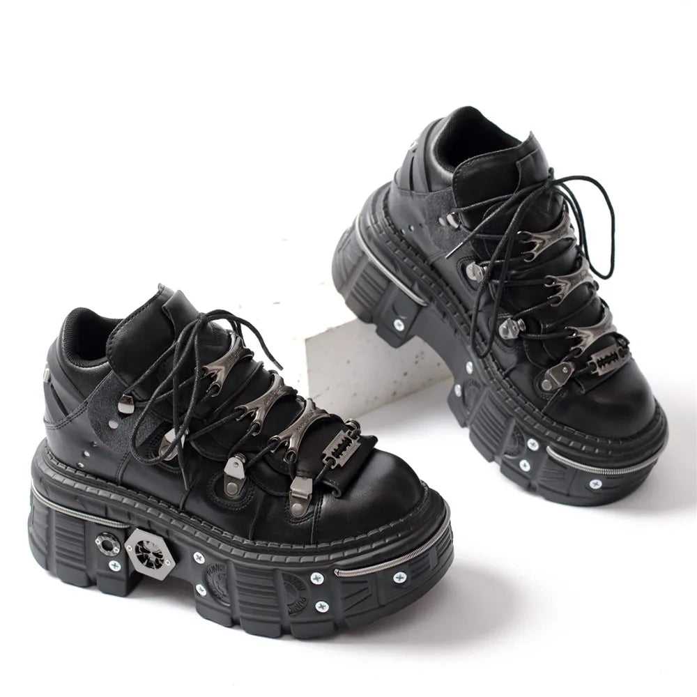 GR | Fashion Women's Ankle Boots, Thin Heels, Round Toe, Lace-Ups, Metal Decoration, Sneakers, Studded, Punk, Gothic, Rock Shoes