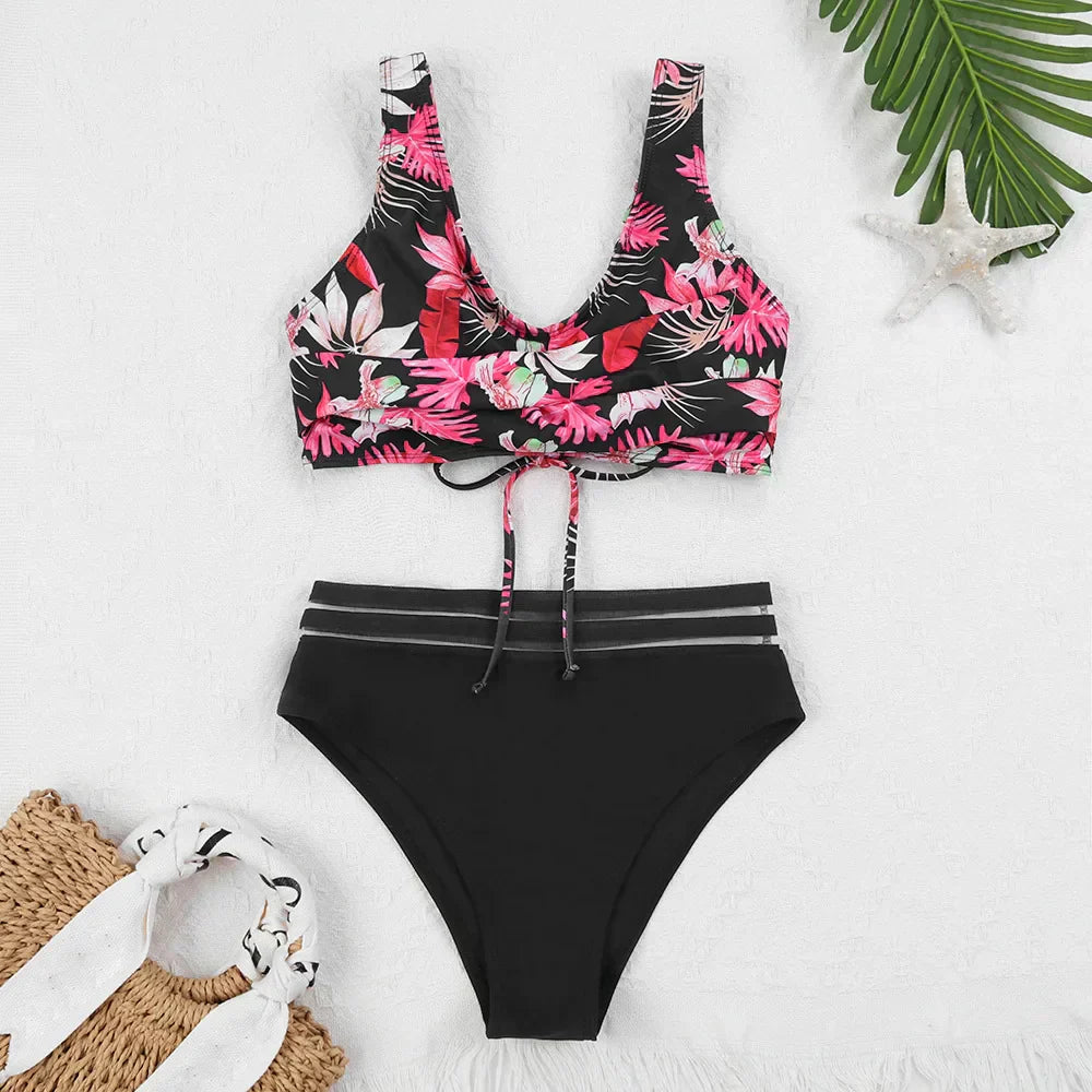 GR | Lace-up High Waist Bikini Women's Swimwear Women's Swimsuit Padded Push-Up Floral Swimsuit Women's Bikini Set