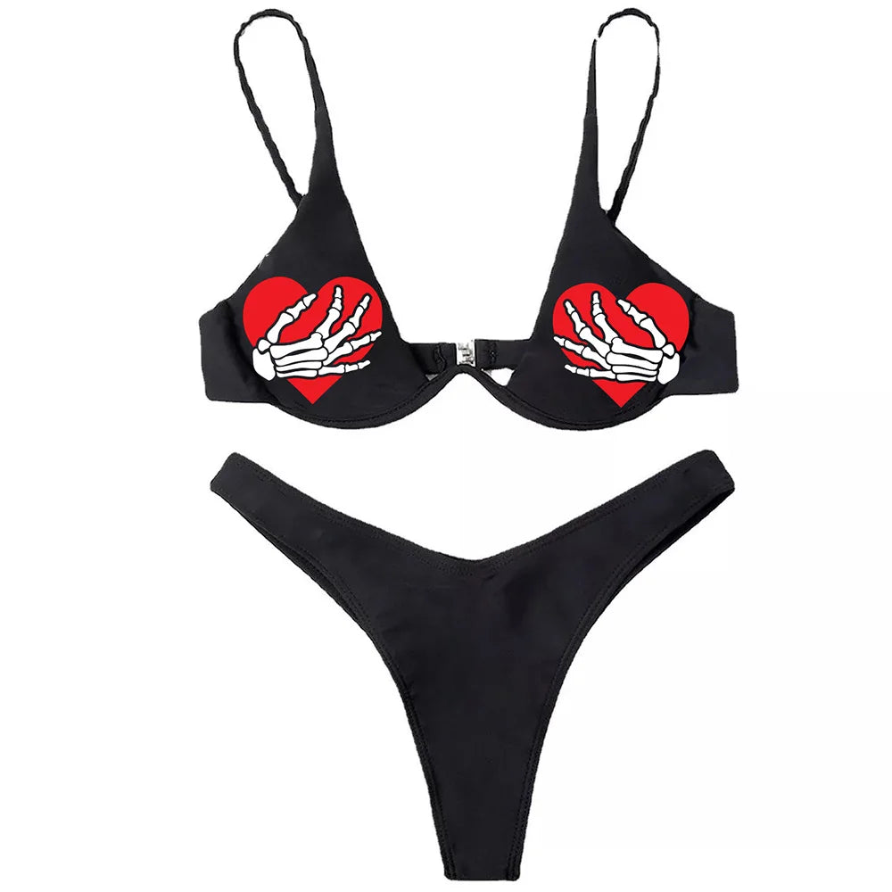 GR | Sexy Goth Bikini Women's Letter Skull Print Swimsuit Split Swimsuit High Waist Gothic Bikini Set Beach Outfits
