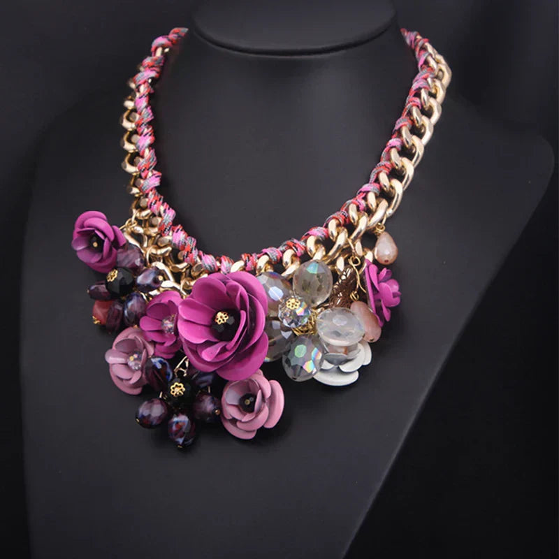 GR | Vintage Jewelry Elegant Prom Party Beauty Pageant Wedding Gift Floral Blossom Flower Chunky Statement Necklace for Women Accessories