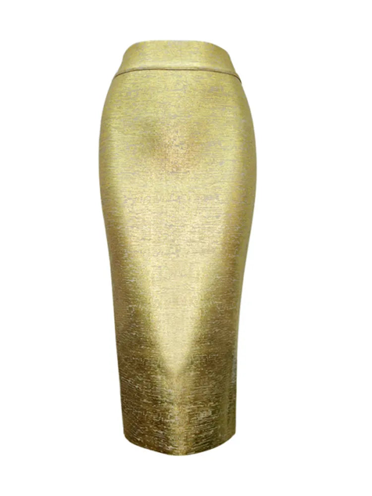 GR | Women's Summer Skirt Sexy Silver Gold Bronzing Midi Bandage Skirt High Street Designer Slim Fit Solid Midi Pencil Skirt 78cm