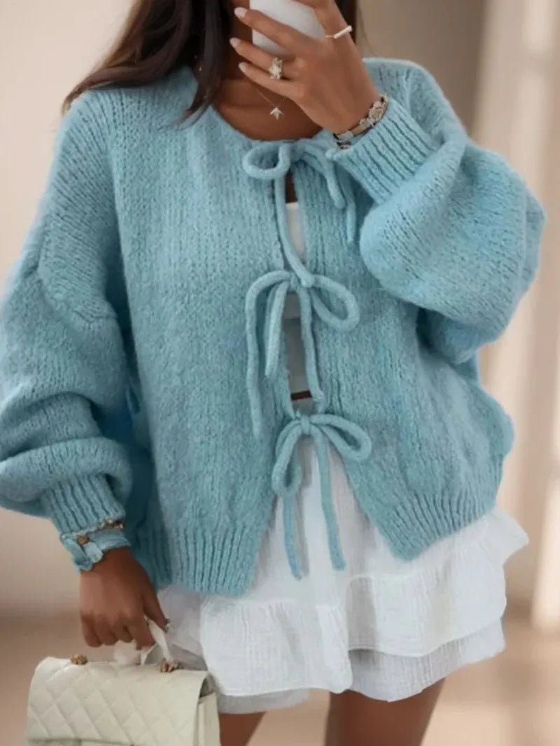GR | Women's knitted cardigan with bow closure