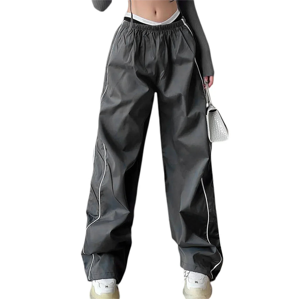 GR | Frauen Y2K Elastischer Taillen Cargo Hosen Locker Einfarbige Jogginghosen Trainingshose mit Taschen Streetwear