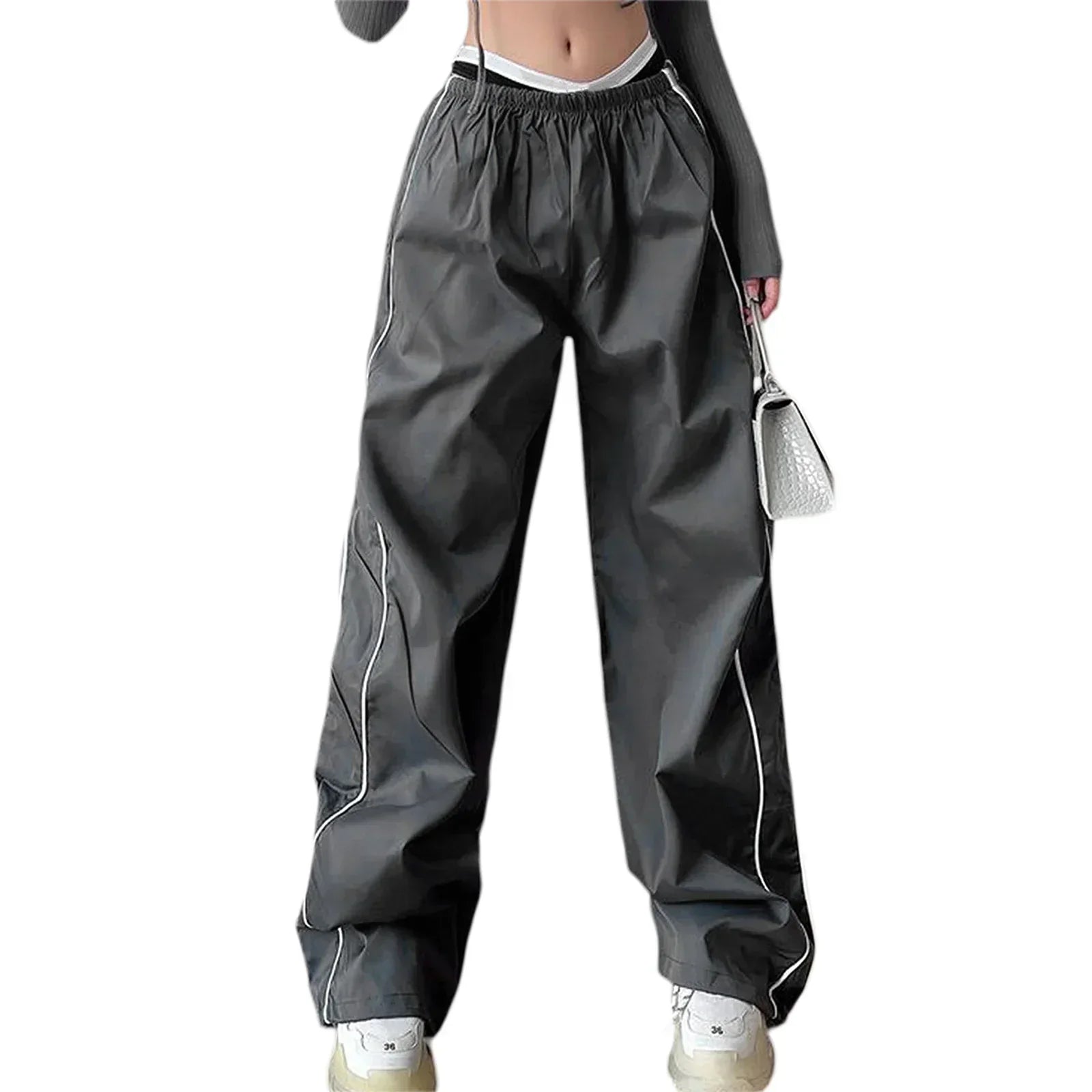 GR | Frauen Y2K Elastischer Taillen Cargo Hosen Locker Einfarbige Jogginghosen Trainingshose mit Taschen Streetwear