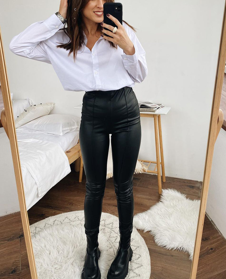 GR Leather Leggings | Leather stretch leggings with fleece for autumn