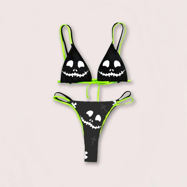 GR | Sexy Goth Bikini Women's Letter Skull Print Swimsuit Split Swimsuit High Waist Gothic Bikini Set Beach Outfits