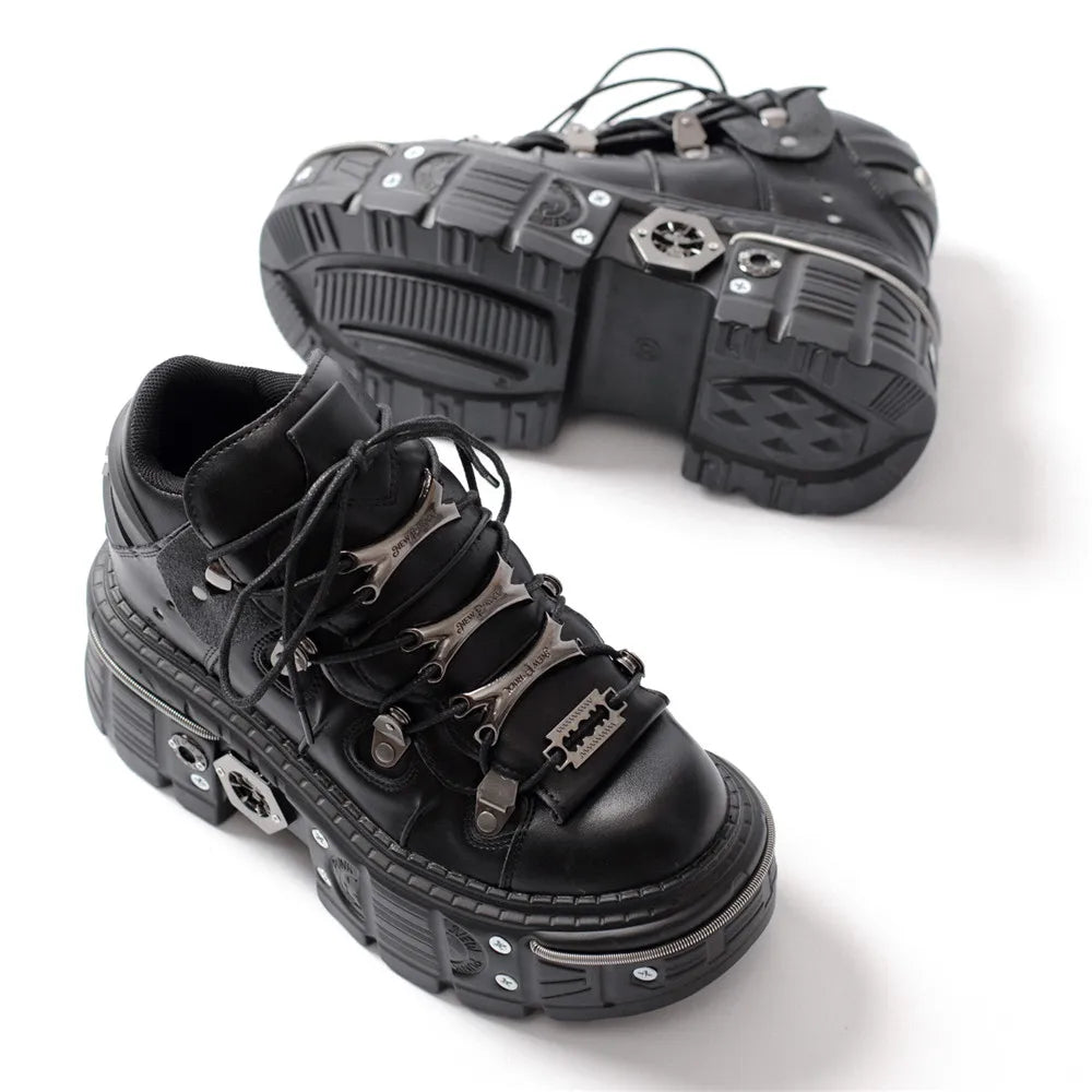 GR | Women's Ankle Boots for Women, Thick Sole, Laces, Metal Decoration, Round Toe Platform Shoes, Ladeis Punk Gothic Sneakers