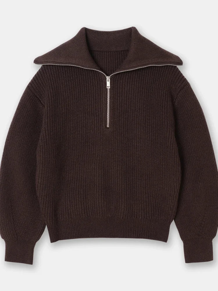 Wide turtleneck women's sweater with striped lapel