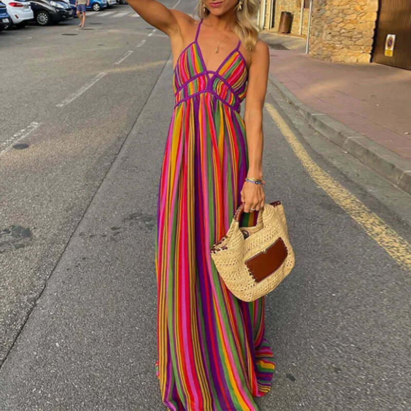 GR | Vibrant striped maxi dress with waist accentuation