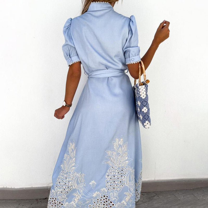 GR | Maxi dress with embroidered cut-out design, puff sleeves, button closure, and waist knot