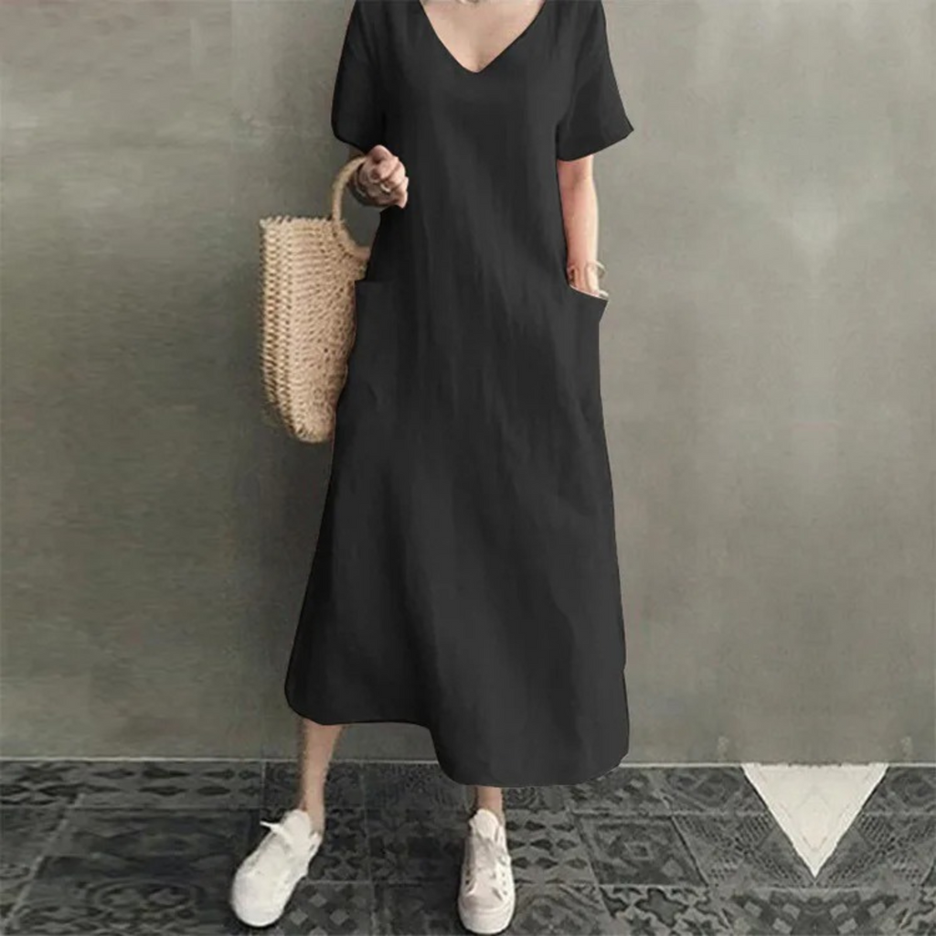 GR | Schlank Bequem Leinenkleid mit V-Ausschnitt