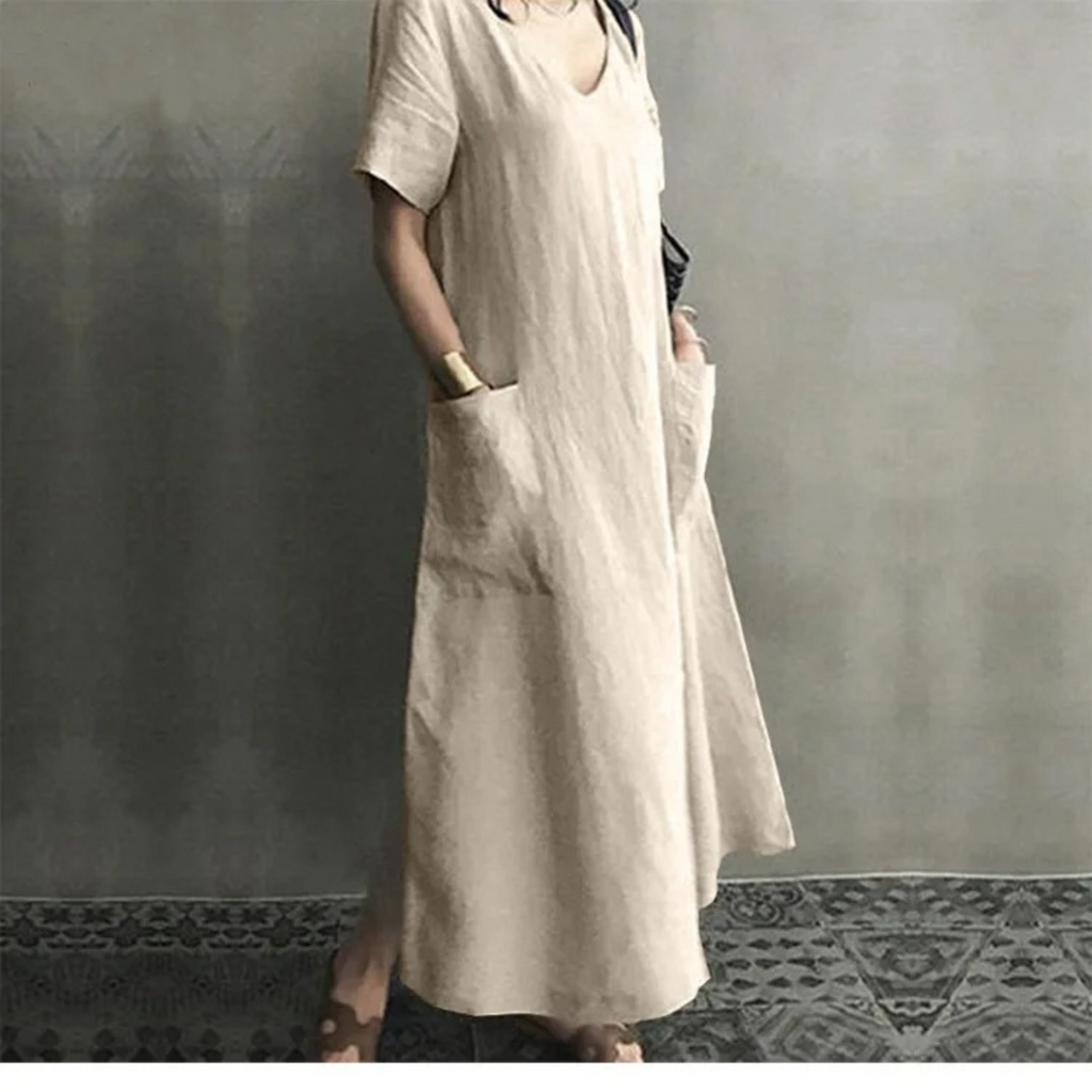 GR | Schlank Bequem Leinenkleid mit V-Ausschnitt