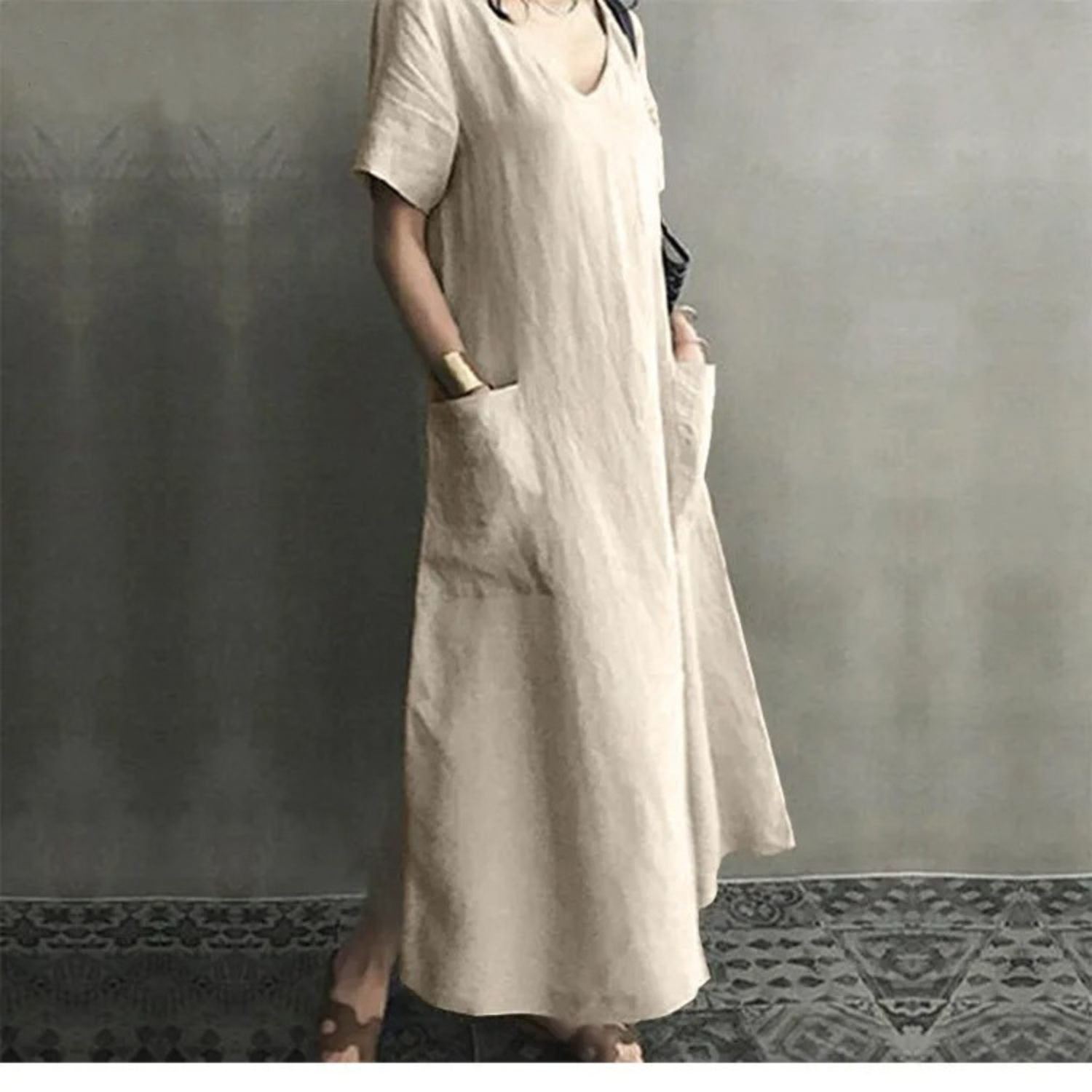 GR | Schlank Bequem Leinenkleid mit V-Ausschnitt