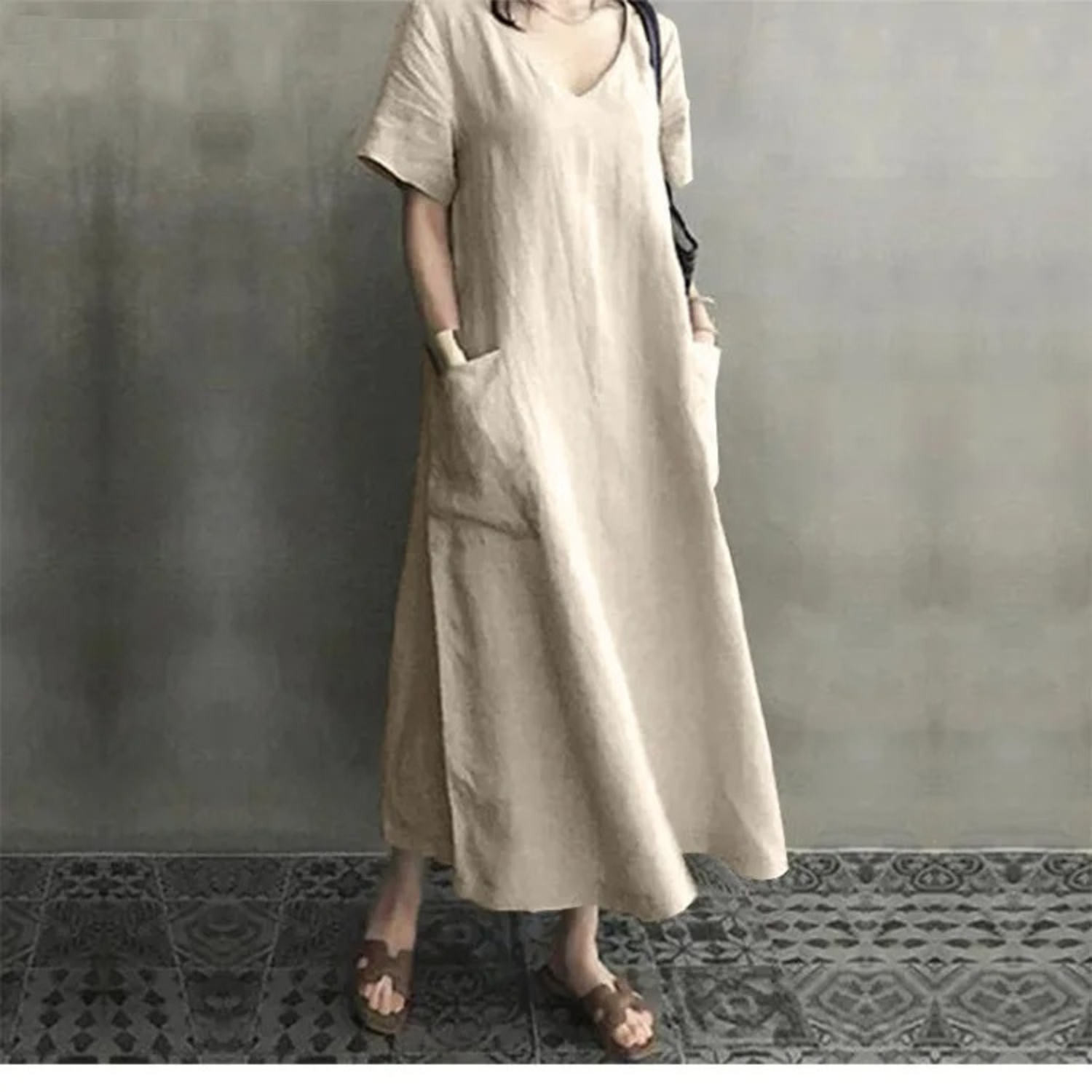 GR | Schlank Bequem Leinenkleid mit V-Ausschnitt